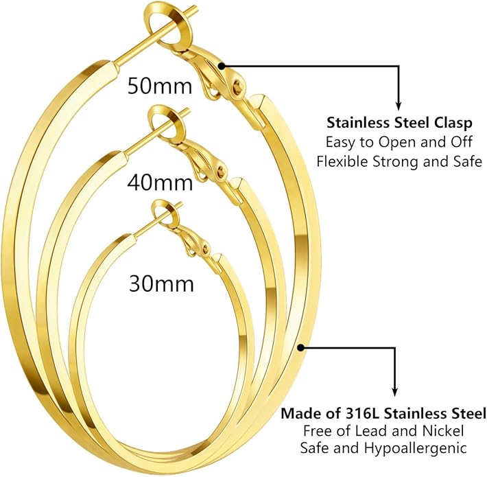 Gold Silver Plated Hoop Earrings for Women Hypoallergenic Stainless Steel Gold Hoops Earrings Lightweight Large Small Hoop Earrings Set