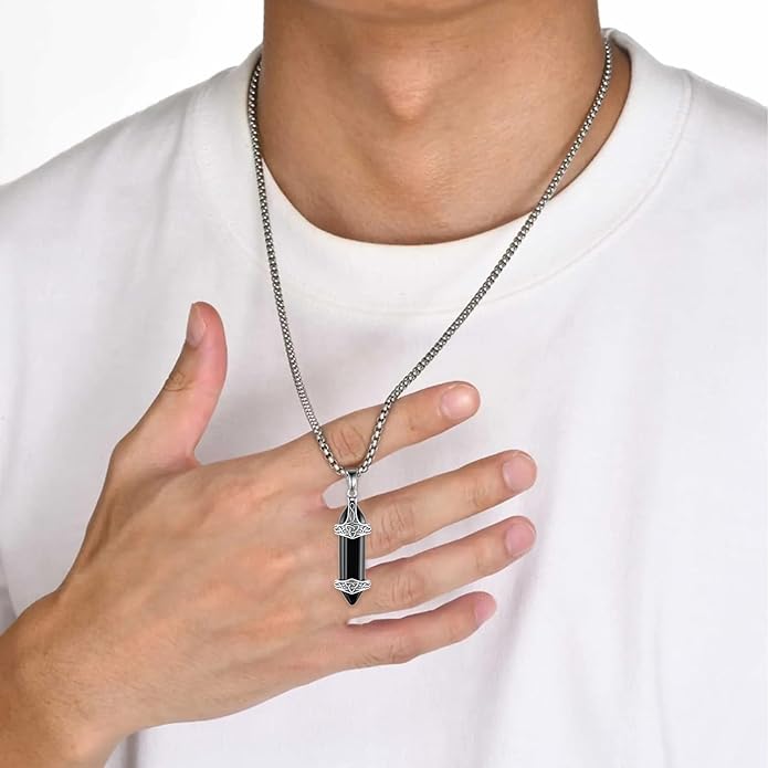 Tiaxiemo Viking Necklace for Men 925 Sterling Silver Obsidian Celtic Knot Necklace Norse Jewelry Gifts for Men