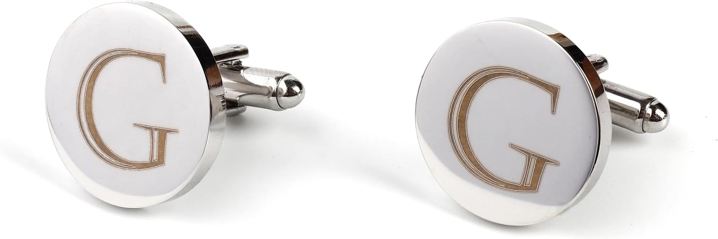 Mens Initial Silver Cufflinks A-Z Alphabet Letter Steel Cuff Links with Engraved Walnut Wood Box Groom Groomsman Wedding Set…