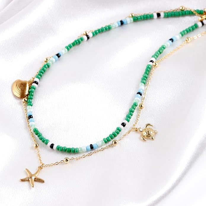 Da Piao Liang Handmade Multilayered Colorful Seed Beads Choker Necklace – Boho Starfish Creative Beach Jewelry for Women – Summer Necklace