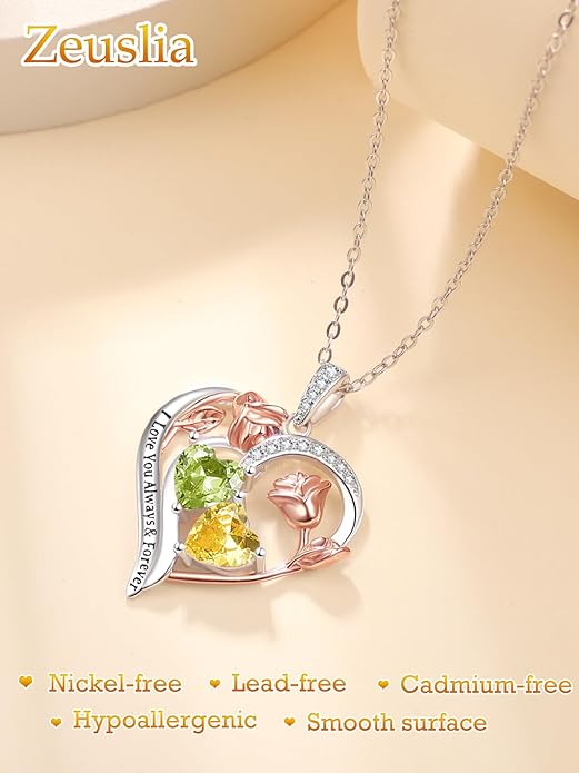 Zeuslia Double Birthstone Necklace Gifts for Wife - 925 Sterling Silver Sunflower/Rose/Crown Cross/Compass/Heart Pendant I Love You Necklace, Anniversary Birthday Gifts for Wife Girlfriend Mom Her