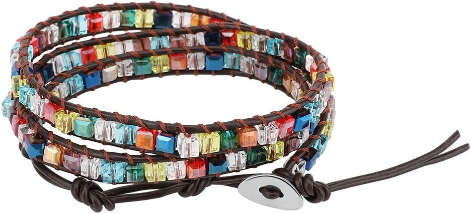 Emibele Layered Leather Bracelet, Rivet Leopard Print Bohemian Style Multilayer Wrap Bracelet, Handmade Agate Amethyst Chakra Crystal Glass Beaded Shell Bracelet for Women