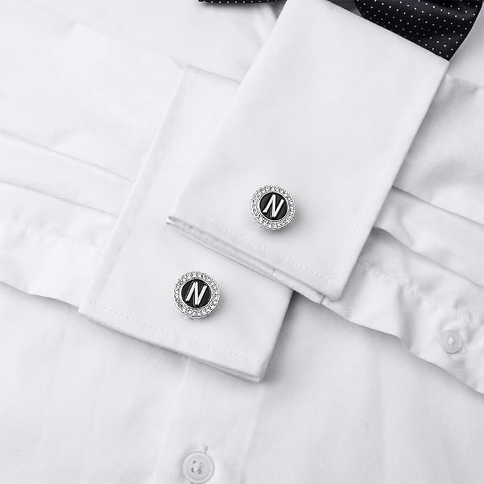 HAWSON A-Z Initial Cufflinks for Men and Women with Clear Crystal, Gold Silver Color Rasied Letter A-Z Cuff Links for French Shirt, Gift for Normal and Business Wearing