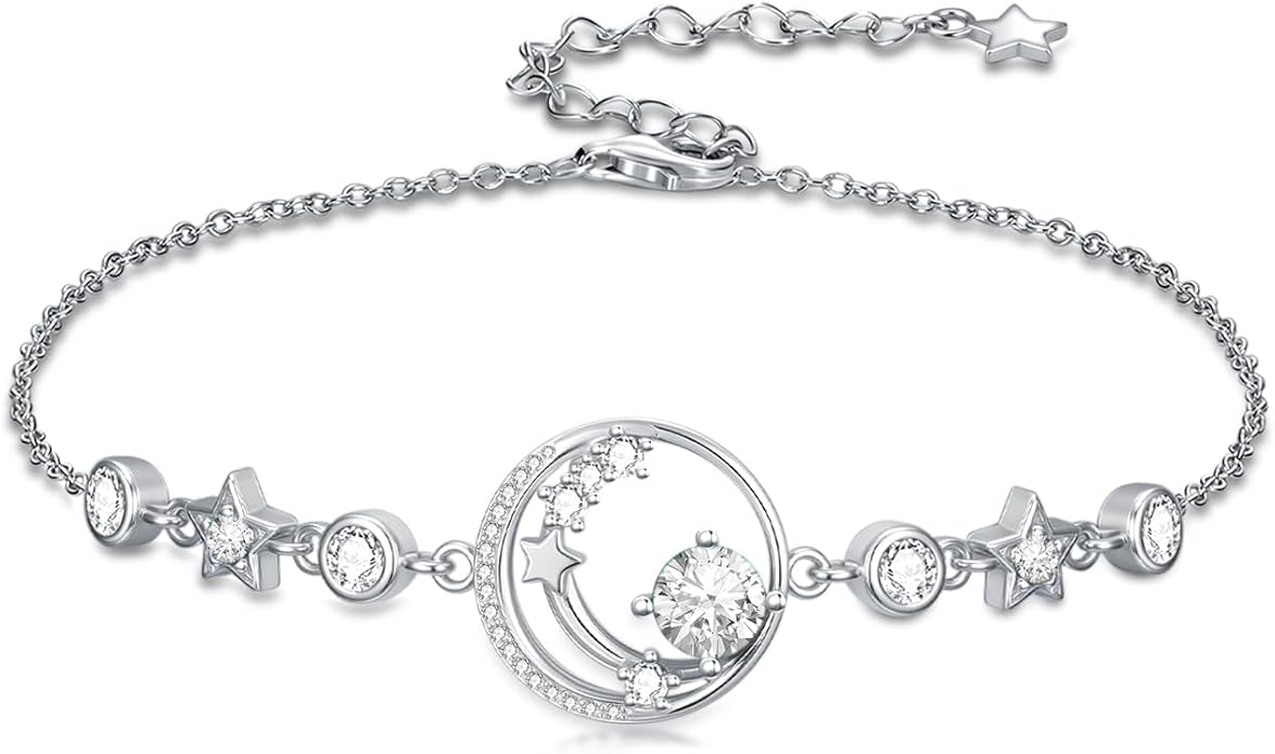 Moon and Star Birthstone Charm Link Bracelet 925 Sterling Silver Moon and Star Bracelet with 12 Months Birthstone Birthday Jewelry Gifts for Women Mom Her,Chain Length 7"+2" Extend