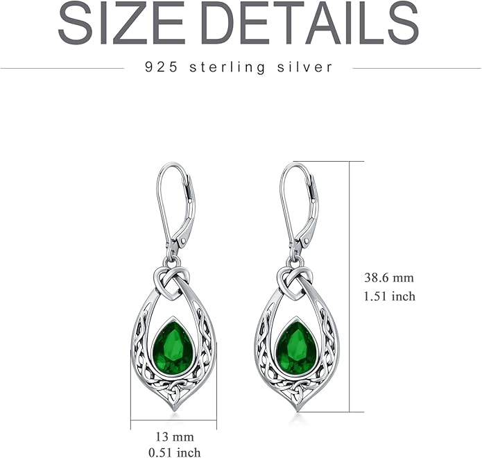 Celtic Knot Dangle Earrings 925 Sterling Silver Oxidized Vintage Drop Leverback Earrings with 8 * 6mm Simulated Birthstone Crystal Christmas Jewelry Gifts for Women (Gift Box)