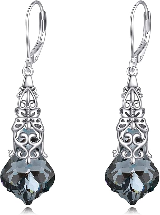 Austrian Crystal Dangle Drop Leverback Earrings for Women 925 Sterling Silver Vintage Oxidized Butterfly Filigree Hypoallergenic Jewelry