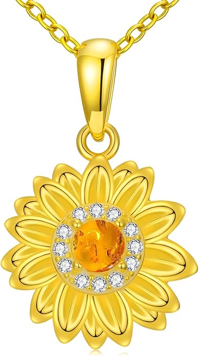 Dainty Genuine Amber Sunflower Pendant Necklace 925 Sterling Silver vintage Natural Gemstone Jewelry for Women Sunflower Lover