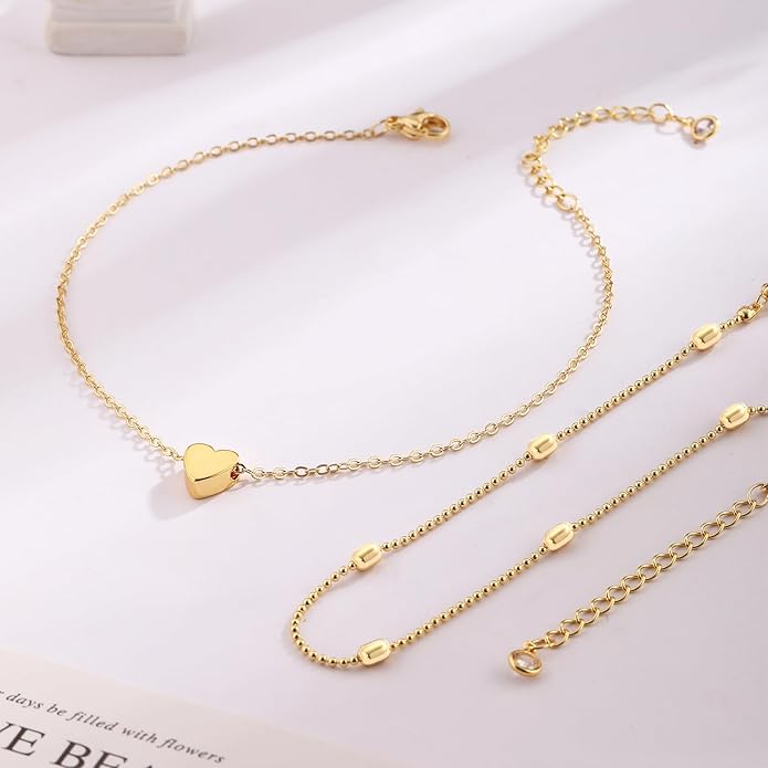 2/3 PCS Gold Anklets for Women Waterproof Cuban Link Anklet Beaded Bracelets Stackable Bracelets 14K Gold Plated Custom Jewelry Gifts Non Tarnish Lightweight