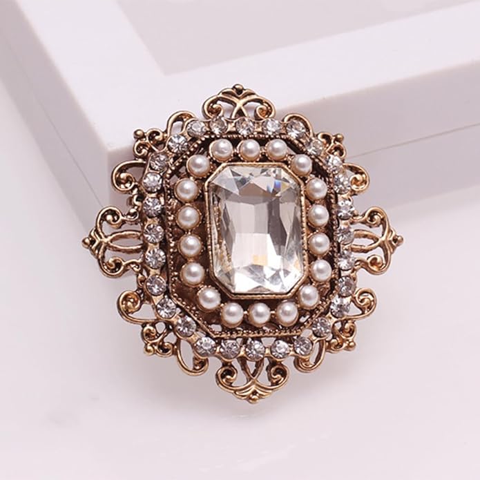 Antique Rhinestone Brooch Pin for Women Girls Gold Tone Vintage Baroque Rectangle Crystal Shell Pearl Boho Victorian Style Brooches Lapel Pins Elegant Wedding Christmas Festival Ornament Jewelry Gift