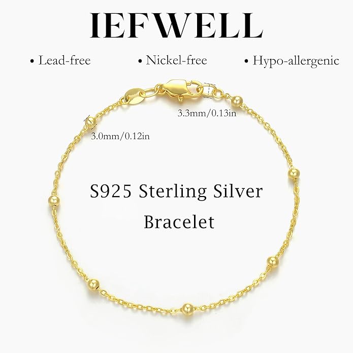 IEFWELL S925 Sterling Silver Bracelet for Women - Solid 14K-Real-Gold-Plated Satellite Bead Chain Bracelet, 6.5/7/7.5/8/8.5/9 Inches Sterling Silver Chain Bracelets, Jewelry Gifts for Women