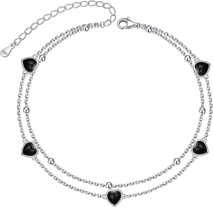FLYOW Anklet for Women S925 Sterling Silver Adjustable Foot Beaded Heart Charm Ankle Bracelet Anklets Jewelry
