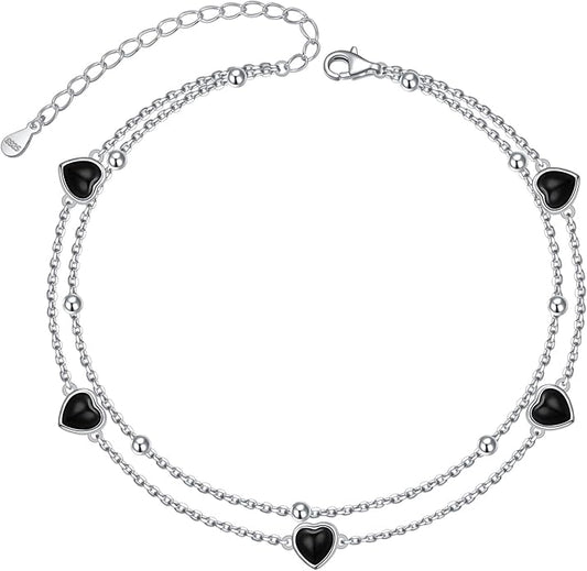 FLYOW Anklet for Women S925 Sterling Silver Adjustable Foot Beaded Heart Charm Ankle Bracelet Anklets Jewelry
