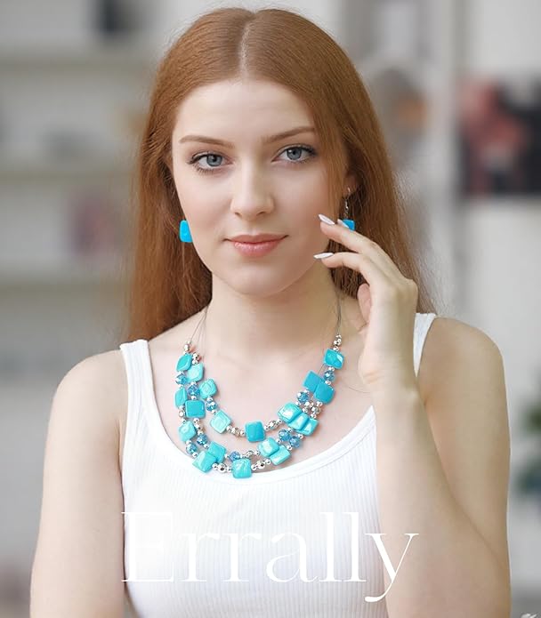 Layered Beaded Statement Necklaces for Women Square Shell Bead Collar Necklace and Earring Set Birthday Gifts Boho Jewelry Sets for Women