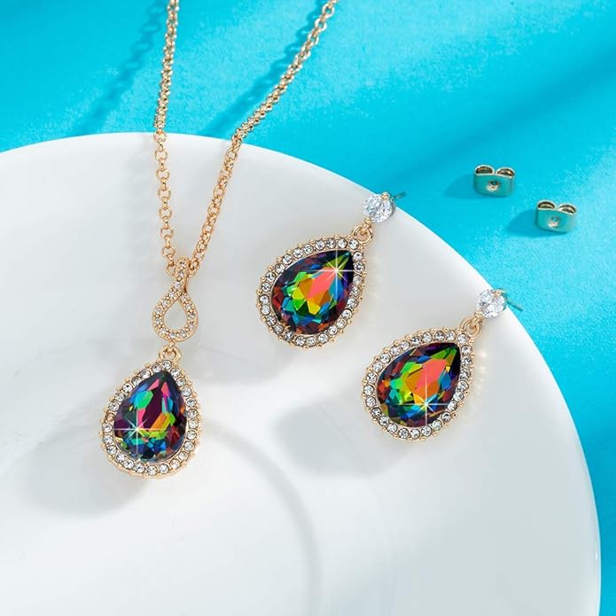 Austrian Crystals Teardrop Pendant Necklace Earrings for Women 14K Gold Plated Hypoallergenic Jewelry Set