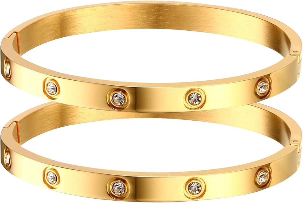 MPRAINBOW Gold Bracelets for Women, 2Pcs 18K Gold Plated Cubic Zirconia Bangle Crystal Friendship Bracelet Jewelry,Wedding Party Christmas Birthday Gifts for Her Girlfriend Sister Daughter