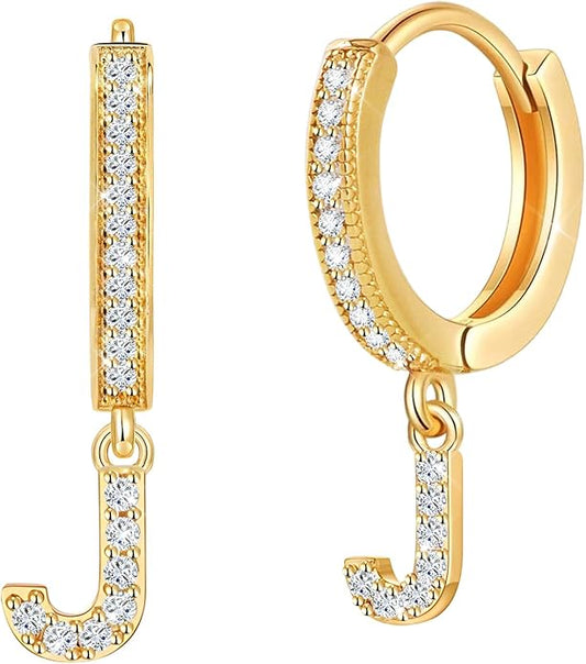 18K Gold Filled Initial Dangle Hoop Earrings for Women, 1 Pair CZ Hypoallergenic Alphabet Letter A-Z Drop Dangle Dainty Gold Earrings, Small Huggie Hoop Earrings with Cubic Zirconia Gifts Jewelry