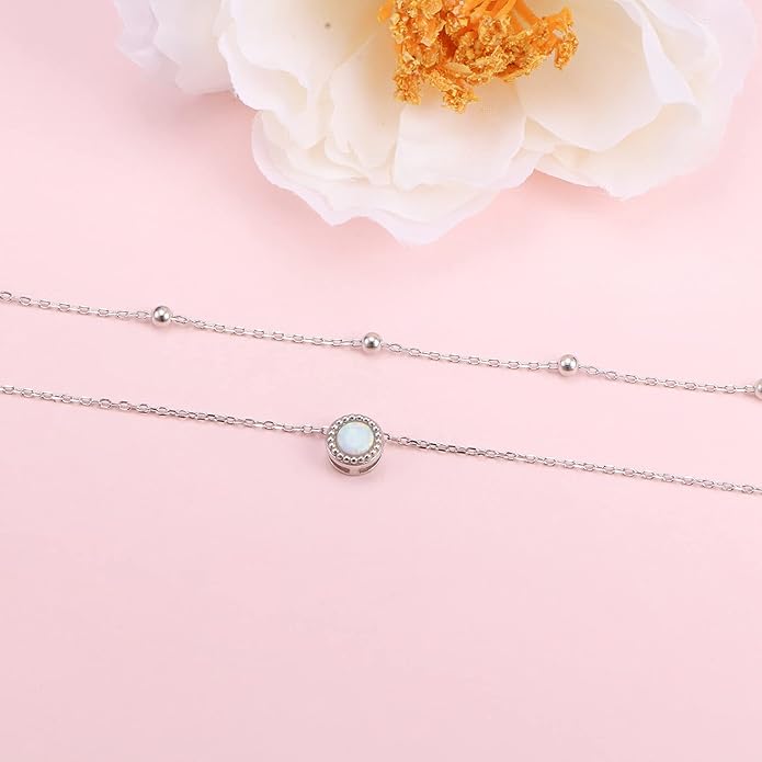 Anklets for Women 925 Sterling Silver Charm Layered Simulated Opal/Moonstone/Daisy/Infinity Summer Beach Ankle Bracelet Foot Chain Jewelry Birthday Valentine's Day Mother's Day Gift