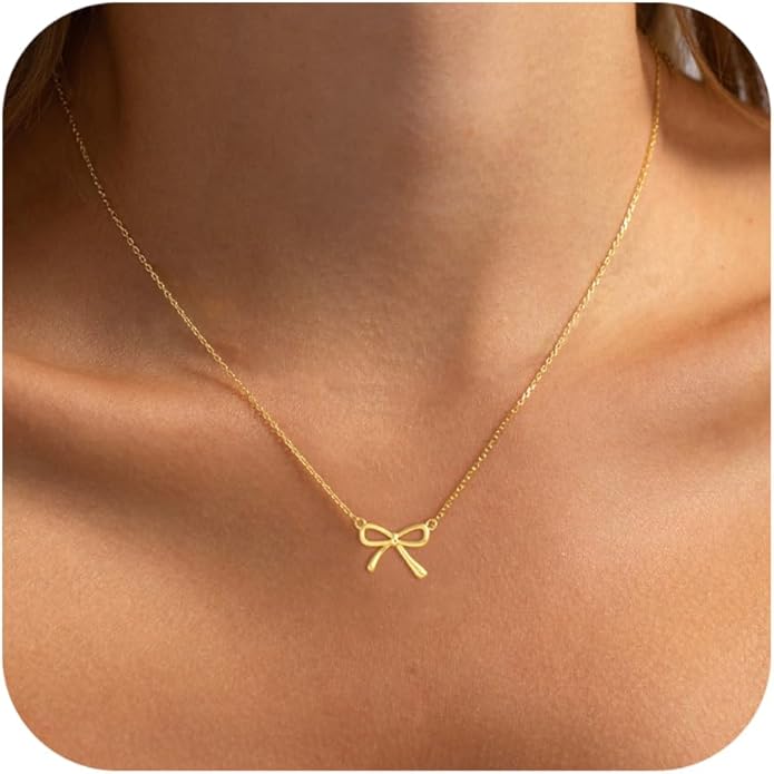 Gold Necklace for Women Dainty Bow Necklace 14K Gold Plated Cute Choker Necklace Small Bow Pendant Charm Necklaces Teen Gift Trendy Stuff Personalized Jewelry Gifts