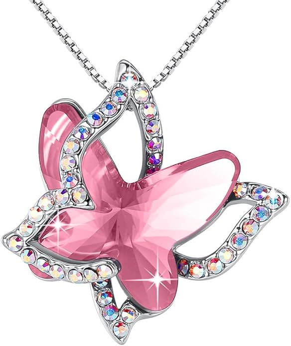 Gift Butterfly Birthstone Crystal Necklace, Silver Tone with 18”+2” Chain, Necklace for Mother’s Day Anniversary Birthday Gifts for Women and Daughter