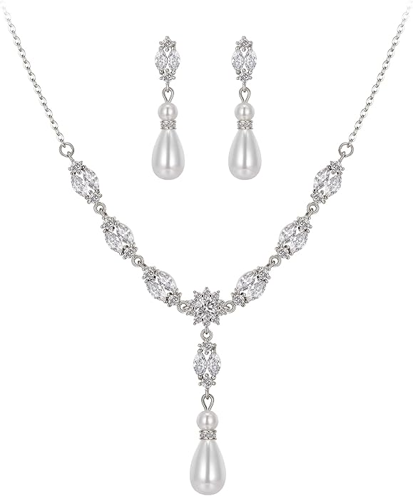 EleQueen Women's Simulated Pearl Wedding Jewelry Set, Cubic Zirconia Marquise Floral Bridal Necklace Earrings Bracelet Sets