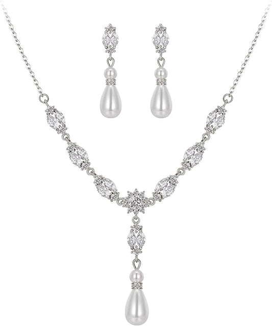 EleQueen Women's Simulated Pearl Wedding Jewelry Set, Cubic Zirconia Marquise Floral Bridal Necklace Earrings Bracelet Sets