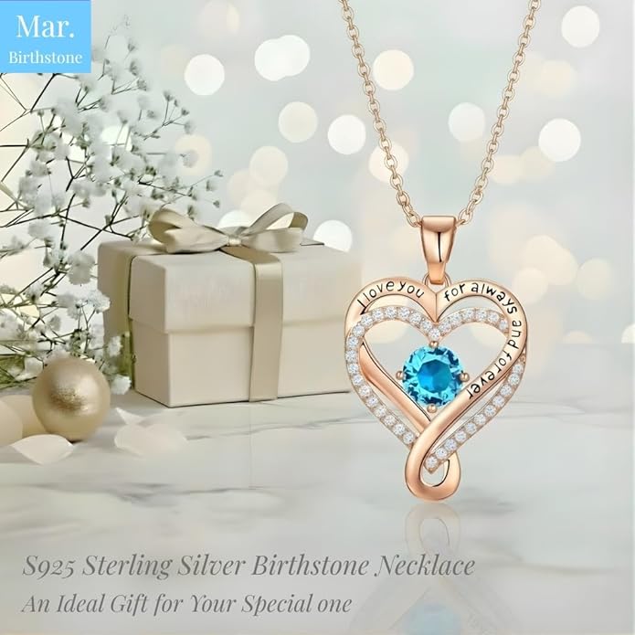 Birthstone Infinity Heart Necklace for Women Wife Girlfriend Mom Daughter Gifts S925 Silver Jewelry For Anniversary Rose Gold Gifts For Birthday Christmas Mothers Valentines Day