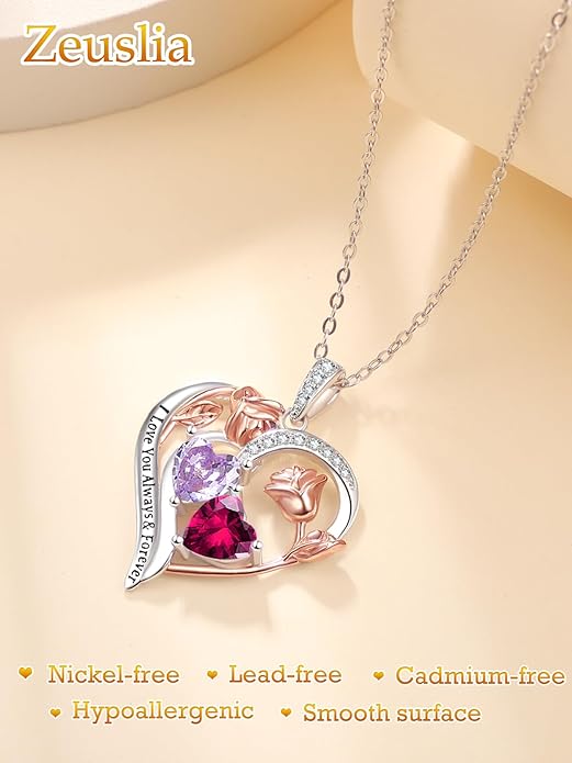 Zeuslia Double Birthstone Necklace Gifts for Wife - 925 Sterling Silver Sunflower/Rose/Crown Cross/Compass/Heart Pendant I Love You Necklace, Anniversary Birthday Gifts for Wife Girlfriend Mom Her