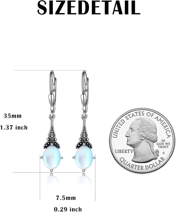 AOBOCO Vintage Earrings for Women Sterling Silver Retro Drop Dangle Leverback Earrings with 8x6mm Oval Genuine or Simulated Birthstone Crystal from Austria, Anniversary Jewelry Gifts for Her Women