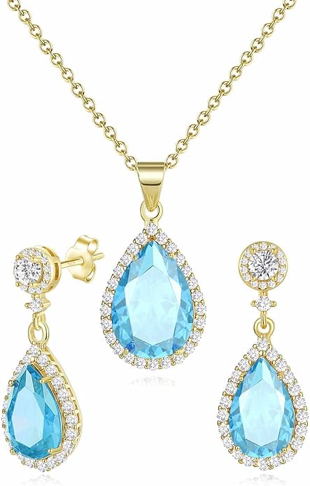 REASAYLL Jewelry Sets For Women 925 Sterling Silver Post Teardrop Dangle Stud Earrings Necklace Set Crystal Rhinestone Wedding Prom Costume Jewelry for Women