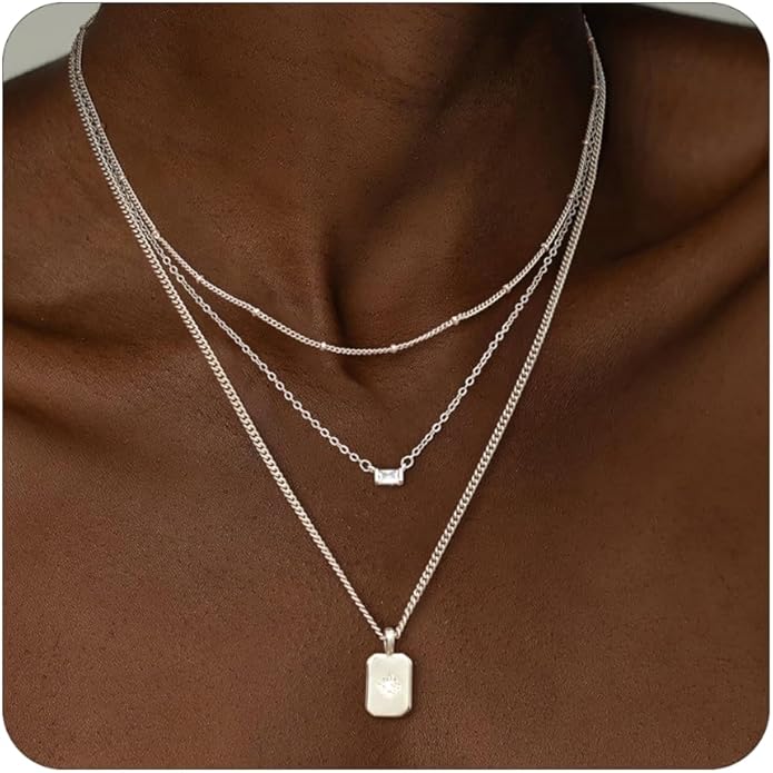 Layered Silver Necklace for Women Trendy Silver Plated Dainty Stackable Necklace Set Cuban Paperclip Herringbone Link Chain Coin/Cross/diamond/Mobius Pendant Necklaces Fashion Accessories Jewelry Gift