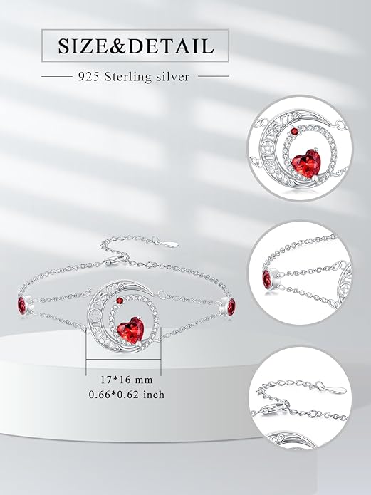 Dorunmo 925 Sterling Silver Moon Heart Birthstone Anklet Bracelets for Women Best Mother's Day Birthday Jewelry for Wife Girlfriend Mom Her