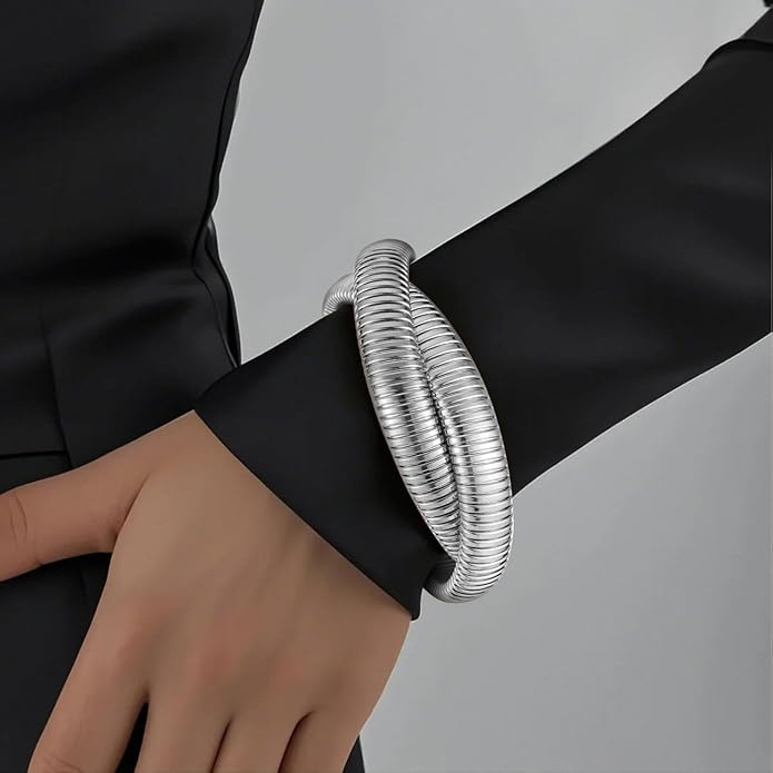 Emibele Gold Bangles Bracelet Set for Women, 18K Gold Plated Chunky Stainless Steel Non Tarnish Stretch Bracelet Stack, Flexible Wide Wristband Bangle Layered Snake Chain Bracelets