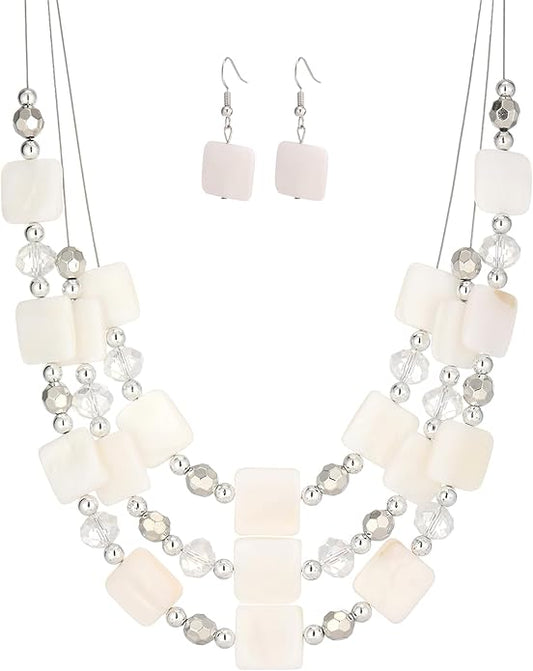 Layered Beaded Statement Necklaces for Women Square Shell Bead Collar Necklace and Earring Set Birthday Gifts Boho Jewelry Sets for Women