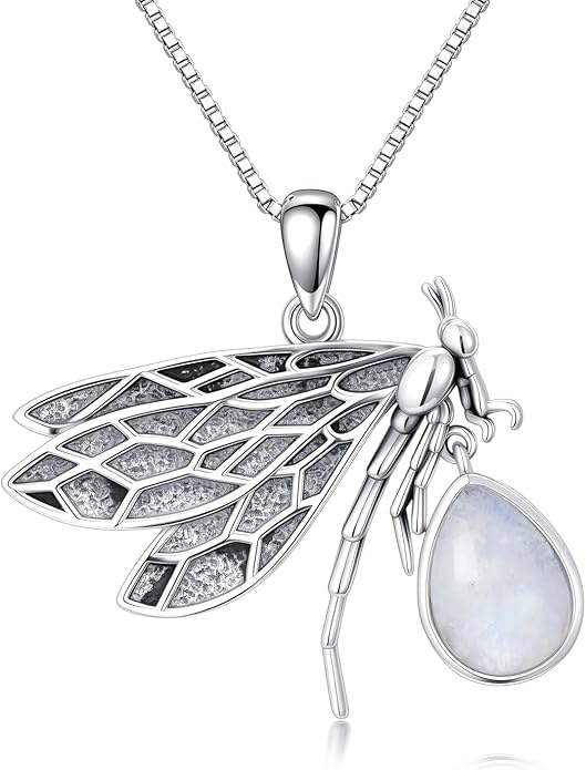 Vintage Dragonfly Necklace 925 Sterling Silver Genuine Moonstone Pendant Mystical Boho Jewelry Birthday Gift for Women