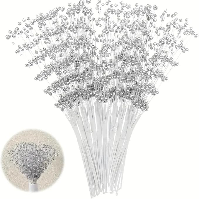 100 Pieces String Pearls Sticks, BetterJonny 3mm Beads String Creative Pearl Flower Stem Bead Sticks Pearl Beaded Stems DIY Floral Bead Strands for Party Decoration (Silver)