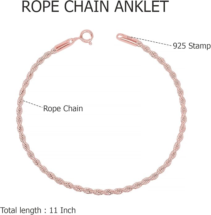 LeCalla 925 Sterling Silver Anklets for Women | Italian 1.8MM Diamond-Cut Braided Rope Chain Ankle Bracelet | Women's Ankle Bracelets Jewelry Gift for Wife, Mom – Birthday, Anniversary & Valentine’s Day