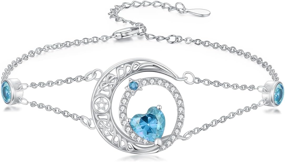 Dorunmo 925 Sterling Silver Moon Heart Birthstone Anklet Bracelets for Women Best Mother's Day Birthday Jewelry for Wife Girlfriend Mom Her