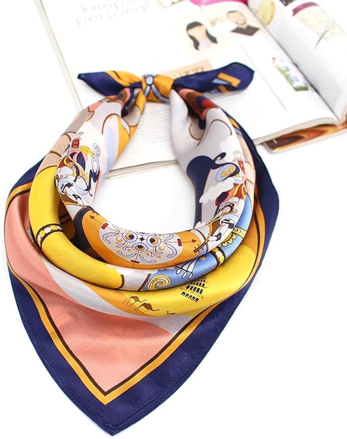ANDANTINO 100% Pure Mulberry Silk Small Square Scarves -21'' x 21''- Digital Printed Neckerchief –Women Men Lightweight Scarf