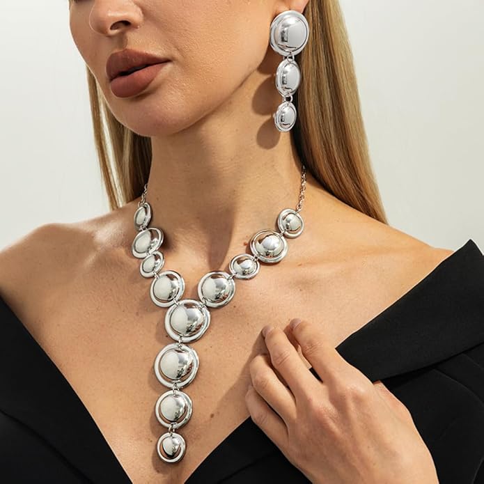 Exaggerated Chunky Gold Choker Long Y Necklace Round Drop Earring Set for Women Unique Big Geometry Silver Necklaces Large Dangly Earring Jewelry Gift