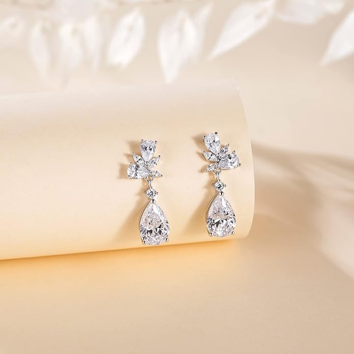 EAMTI Teardrop Wedding Earrings for Women Cubic Zirconia Dangle Bridal Earrings 925 Sterling Silver Post Pear Cut Earring for Prom Bridesmaid