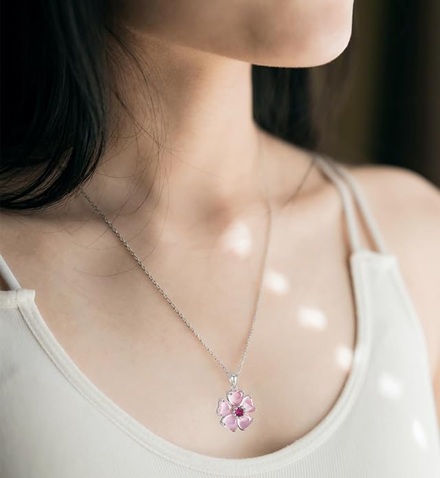 VONSSY Elegant Cherry Blossom Necklace Earrings Pink Cats Eye Flower Flora Sakura Gemstone Crystal Pendant 18k Gold Plated Chain Jewelry Set Gift for Woman Wife Girlfriend
