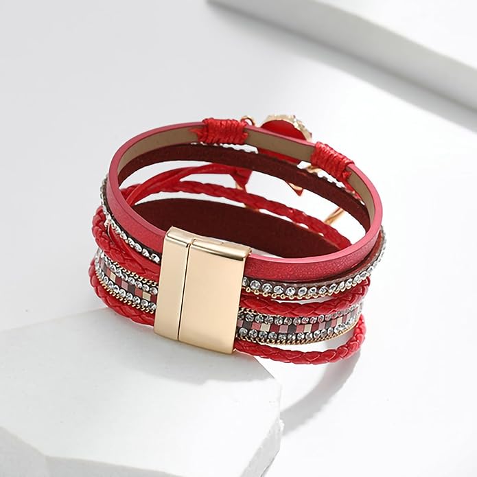 Fesciory Leopard Bracelet for Women, Boho Leather Wrap Multi-Layer Pearl Crystal Bracelet Bangle Jewelry