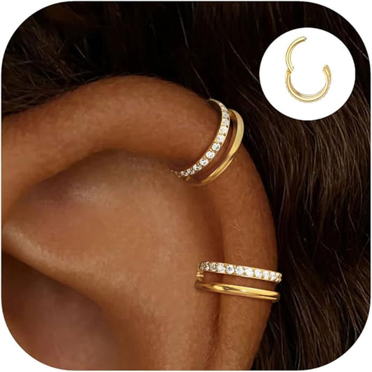 2 PCS Small Cartilage Double-Hoop Helix Conch Piercing Earrings With Cubic Zirconia For Women Trendy 14K Gold Plated Titanium Surgical Stainless Steel Sets Jewelry