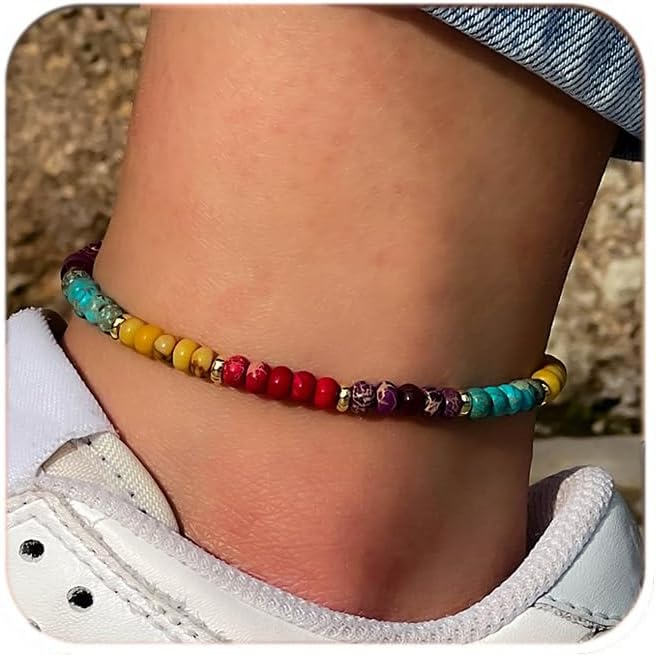 Natural Stone Beaded Anklets Bracelets for Women Handmade Beaded Anklet Bracelet Waterproof Boho Beads Ankle Bracelet Adjustable Summer Jewelry