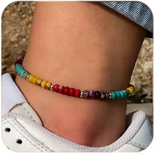 Natural Stone Beaded Anklets Bracelets for Women Handmade Beaded Anklet Bracelet Waterproof Boho Beads Ankle Bracelet Adjustable Summer Jewelry