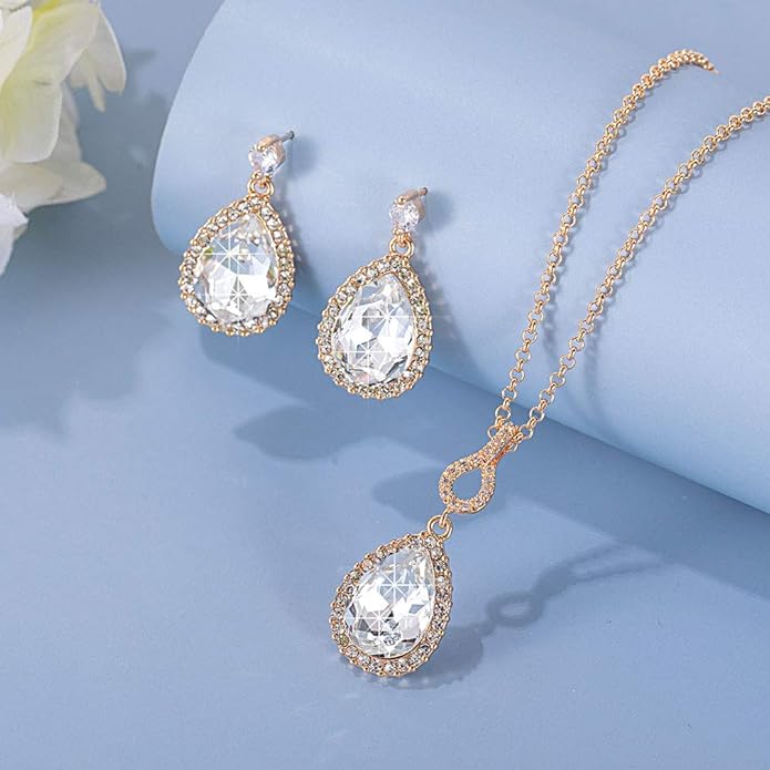Austrian Crystals Teardrop Pendant Necklace Earrings for Women 14K Gold Plated Hypoallergenic Jewelry Set