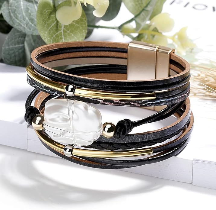 Fesciory Leopard Bracelet for Women, Boho Leather Wrap Multi-Layer Pearl Crystal Bracelet Bangle Jewelry