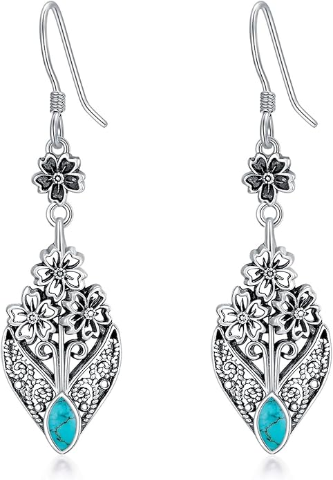 Vintage Floral Filigree Marquise Cut Gemstone Drop Earrings, 925 Sterling Silver Antique Dangle Earrings, Boho Jewelry Gift for Women