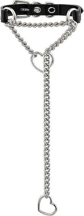 Handmade Black Heart Choker Collar For Women, Punk Gothic O-ring Slip Chain Necklace with Adjustable Vegan Leather Buckle