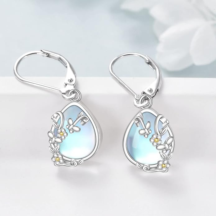 Moonstone Filigree Drop Dangle Teardrop Earrings 925 Sterling Silver Moonstone Leverback Earrings for Women Jewelry Gifts